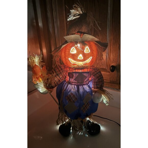 Fiber Optic Scarecrow Pumpkin Head Standing  HALLOWEEN Fun Decor Lights 18” - Picture 1 of 8